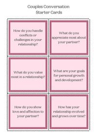 Looking for a fun and easy way to spend quality time with your partner? These 102 conversation starter cards for couples you'll have plenty of meaningful questions to spark conversations and deepen your connection. This is a digital download, so you can print them at home. Great for date nights, long distance relationships, valentines day, dinners, baths together. #conversationstarter #couplequestions #datenight #qualitytime #digitaldownload #printable #valentinesday #couplegoals #love #romance