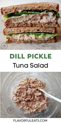 Creamy, slightly mustardy, and chock full of crunchy additions like dill pickle, red onion, and crisp celery, this Dill Pickle Tuna Salad recipe makes the ULTIMATE tuna salad sandwich! #tuna
