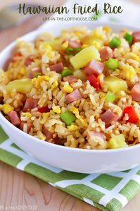 Hawaiian Fried Rice is full of flavor and packed with diced ham, red bell pepper, and pineapple. Life-in-the-Lofthouse.com