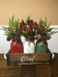 Coupon Code: BLACKFRIDAY FREE SHIPPING on any orders over $60!!!!! Hot hot deal, take advantage while you can. Get all your items by christmas if you place your order before 11/30 for the free shipping. This is a perfect way to ring in the holiday season with this rustic Christmas centerpiece. Package includes: (1) planter box (dark walnut) with hand painted stencil (3) christmas chalk painted mason jars (3) flowers I can make any size youd like and if these christmas colors dont fit with...