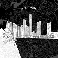 Vector drawing of Singapore skyline with map. travel landmark. Black and white cover and background concept.... ... #drawing #map #sketch #skyline #travel #art #advertising #city #poster #design #typography #hebstreit