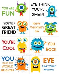 Adorable, colorful, printable monster Valentine's Day cards for kids