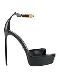 Leather Brand logo Solid colour with appliqués Leather backing Buckling ankle strap closure Square toeline Spike heel Plastic heel Leather sole Contains non-textile parts of animal origin