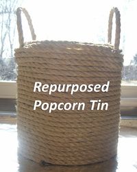 Repurposed popcorn tin sisal rope container at home made in the heartland