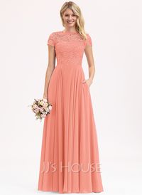 A-Line Scoop Floor-Length Chiffon Lace Bridesmaid Dress (007206482) - JJ's House