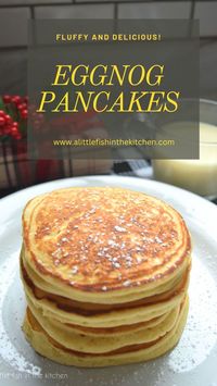A stack of these golden, fluffy Eggnog Pancakes will add some delicious eggnog flavor and a bit of Christmas cheer to your next breakfast! #eggnogpancakes #christmassweetsweek #eggnogrecipes #eggnog #pancakes #seasonalrecipes