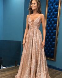 $119--Gorgeous V-Neck Spaghetti-Straps 2019 Prom Dresses | Long Sequins Evening Gown