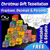 Christmas Gift Tessellation Collaborative Math Activity. There are 15 gifts with converting fractions, decimals, and percents problems. Each gift has 6 outer edges and a fraction/decimal/percent in 2-3 corners. Connecting gifts together, 3 connected corners of gifts should have the same values. Each student cuts out and colors their gifts. Everyone's pieces perfectly connect together to make a mural, door decoration, or bulletin board display. The product includes an editable version.