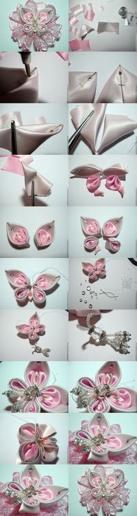 kanzashi mariposa tutorial vlinder in roze met wit, plus tutorial butterfly