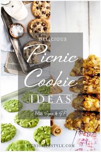 Picnic cookie ideas that include the sweet, vegan cookies and gluten-free cookies, as well as some interesting takes on the classic chocolate chip cookie.
