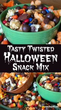 This is the perfect snack mix recipe for an easy Halloween classroom treat. Have each student bring 1 - 2 cups of two of the spooky ingredients listed below (depending on what they are and the size involved), then combine them all in the witch’s cauldron to serve to the kids – they love it! #halloween #easy #easyrecipe #halloweenfoods