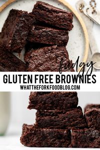 Learn how to make super Fudgy Gluten Free Brownies from scratch! These brownies are a Ghirardelli copycat recipe but this gluten free brownie recipe is WAY better than a box mix and they’re just as easy to make. They’ve gotten rave reviews, too! This is a great base recipe for mix-ins like walnuts, pecans, or chocolate chips. Easy gluten free brownie recipe from @whattheforkblog - visit whattheforkfoodblog.com for more gluten free baking ideas and gluten free desserts.