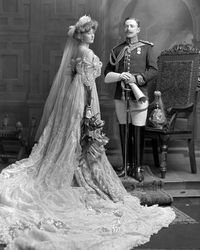 Lady Crofton wears a stunning trained gown, c.1906. Tiara, feathers, and a veil- talk about headwear!