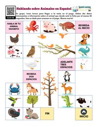 Practice the vocabulary for animals in Spanish and different tenses with a board game that will require students to improvise and speak spontaneously about animals. Practica el vocabulario y tiempos verbales al hablar sobre animales en español con este juego.