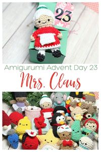 Day 23 of the Mini Amigurumi Advent is a little Mrs. Claus. She is about 6" tall with a little red dress and a white apron, with a white bun on her head.