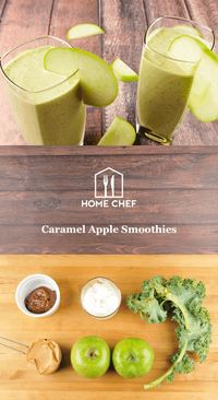 We packed the flavors from the delicious Hallow's Eve caramel apples you anxiously wait for all year into a deceptively nutritious smoothie. Vanilla greek yogurt provides a creamy, protein-rich base for tart Granny Smith apples, creamy peanut butter, and a kiss of sweet, rich caramel sauce. A little kale blended in balances out the sugar for a cool treat that won't put your teeth in jeopardy.