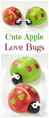 Healthy and cute snack for kids - apple love bugs - a healthy fun food idea that is perfect for Valentines Day - Eats Amazing UK #funfood #kidsfood #edibleart #foodart #ladybug #apples #healthykids #snacks #valentinesday #familyfood #cutefood #cuteness