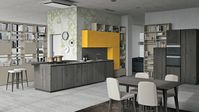Anthracite aged oak | Glossy glass amber yellow | Bookcase: matt Kenya grey | Worktop: Fenix laminate | Finger rail and plinth: smoke