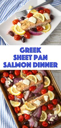 This easy Greek Sheet Pan Salmon Dinner comes together in about 20 minutes, making it perfect for those busy weeknights! The Salmon comes out perfectly flaky and the combination of flavors is like a taste explosion in your mouth!