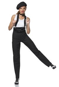 Leotard: White spandex ; Zipper Back Pants: Black twill with white pinstripes, black satin, and black spandex ; Suspenders And Choker Included ; Hat Not Available ; #dancecostumes #dance #dancecompetition #artstonethecompetitor #tapjazz #tapjazzdance
