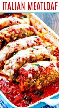 Italian Meatloaf cooked in tomato sauce with melted fontina cheese.