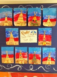 Kindergarten students created a mixed media art project this week to celebrate Native American Heritage month. The tepees were made with construction paper, markers, and Popsicle sticks and the backgrounds were painted.