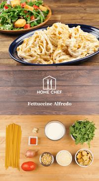 At long last, we bring to you the classic that needs no introduction. The mere pairing of the words "fettuccine" and "alfredo" trigger an almost Pavlovian response in anticipation of tender noodles bathed in a garlicky Parmesan cream sauce. Toasted pine nuts and breadcrumbs add texture and depth of flavor to an already deliciously decadent dish, and a salad of baby arugula tossed in red wine vinaigrette is a fresh palate cleanser between bites.