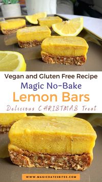 At MAGICdATES, we're seriously obsessed with everything lemon! Our lemon-flavored original bites make for the perfect no-bake dessert! These refreshing lemon bars are vegan and gluten free and nutrient-DENSE. Yum! | Easy and tasty gluten-free recipes meal ideas. Gluten-free appetizers, snacks and simple meals. Gluten Free Cooking. Gluten Free Diet. Easy dessert. Gluten Free Dessert Ideas. Vegan Recipes Ideas. Christmas Dessert Ideas #glutenfree #reipes #healthyfood |