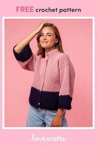 Make this your go-to jacket for the colder weather! So simple to crochet, with easy stitches and a boxy shape and cosy high neckline, you can choose two colours that complement your wardrobe, or make it all in one colour!