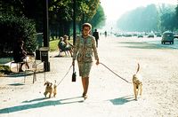 Grace Kelly walking her dogs in Paris