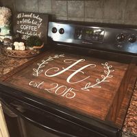 •• DESCRIPTION •• Personalized Stove Top Cover - Personalized wooden stove top tray, in your choice of color. No decor included - just the tray. This tray can be used on both electric AND gas stoves. **PLEASE read all FAQs below** •• DETAILS •• This wooden stove top cover is created from 4 pieces