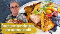 PANETTONE BRUSCHETTATO, SALMONE CONFIT E INSALATA DI POMODORINI - CHEF BRUNO BARBIERI - "Ragazzi in cucina non si butta via niente, nemmeno il panettone. Questa volta l'ho rivisto in chiave salata, con salmone confit e pomodori, e posso assicurarvi che è una roba incredibile!". Video di Bruno Barbieri Chef.