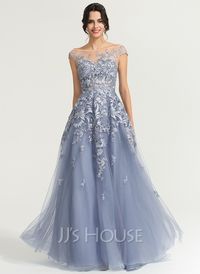 A-Line Off-the-Shoulder Illusion Floor-Length Tulle Lace Evening Dress (017169831) - JJ's House