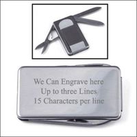 Stainless Steel 3-Tool Money Clip - Free Engraving This money clip is a useful tool with its small knife, flathead screwdriver with a small ruler, nail file, can opener, and small pair of scissors all rolled into one money clip. It's the perfect gift idea for your groomsmen on your wedding day, or your dad or husband on their birthdays and other special occasions. Comes with free engraving too.