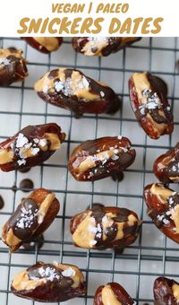 These Vegan and Paleo Snickers Stuffed Dates are the most delicious no-cook healthy dessert recipe of all time! They’re made with just four ingredients: Dates filled with almond butter, topped with a chocolate drizzle and a sprinkle of flakey sea salt. It doesn’t get any easier (or more delectable) than that! #cookathomemom