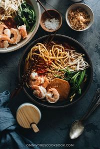 Hokkien Prawn Mee Noodle Soup (Hae Mee) - Tender yellow noodles in a rich savory-sweet red-orange broth served with juicy prawns, fish cakes, crunchy bean sprouts, and crispy fried shallots. {Gluten-Free adaptable}