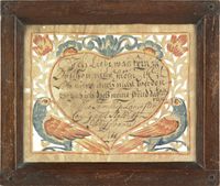 Wilhelmus Antonius Faber (Southeastern Pennsylvania, active 1790-1818), watercolor and ink on paper birth record with cutout heart, dated 1811, 5 3/4" x 7".