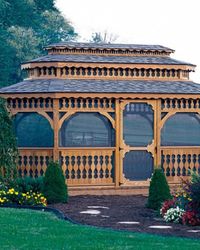 Eye catching pine wood Brookside spindles characterize this octagon or oval #outdoor #gazebo. Enjoy sitting beneath your standard single roof with #cupola or opt for a double roof for an impressive effect.
