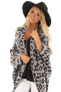 Iron Grey Leopard Print Cardigan with Batwing Sleeves front close up