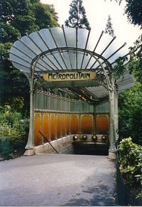 HECTOR GUIMARD (French) Paris Metro. "Constructed like the Crystal Palace out of interchangeable, prefabricated cast iron and glass parts, G created his métro system in opposition to the ruling taste of French classical culture...."(Great Buildings) More on Guimard on board - 304 Architecture: Tradition and Innovation.