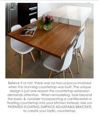 Believe it or not, there was no hocus-pocus involved when this stunning countertop was built. When remodeling your kitchen, look beyond the basic and consider incorporating a cantilevered countertop instead. Use Steel Design Solutions' Adjustable Floating Brackets to create a countertop that demands attention. #steeldesignsolutions #adjustablebracket #countertopbracket #supportbrackets