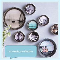 Old pie pans as photo frames.