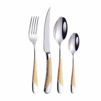 Home Tableware Cutlery Set Golden Cutlery Stainless Steel Dinnerware Set Silverware Cutlery Complete Fork Spoons Knives Set Material: 18/10 stainless steelSit list: 1* dinner knife / 1* fork / 1* spoon / 1* tea spoon / 1* tea forkSize: Dinner knife (23cm,105g) fork (20.5cm,41.5g) spoon (20.4cm,56g) Tea spoon :(14.5cm,30g)SPECIFICATIONSMetalType: STAINLESSSTEELCutleryset: Stainless Steel Cutlery