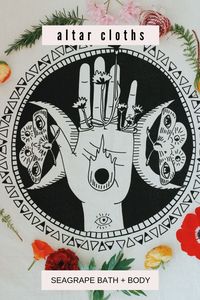 An Altar cloth is a great addition to your Altar, divination spreads, wall hangings and functional towels. These house-made Altar cloths are screen printed by hand and heat set. View the online shop for more prints! #seagrapebathandbody #altarideas