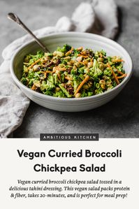 Broccoli chickpea salad with curry flavors with an amazing tahini dressing. This vegan salad packs plenty of protein and fiber for a satisfying lunch that's perfect for meal-prep -- plus it takes less than 20 minutes to throw together. #broccoli #vegansalad #veganlunch #broccolisalad #veganrecipe #vegetarianrecipe #vegetarian #mealprep #healthylunch