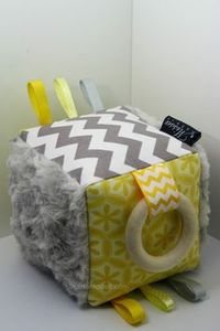 "T.T. Cube" yellow & grey tactile teether rattle softies, made by Missa Made It.