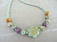 Flower Necklace, Czech Glass Necklace, Daisy Necklace, Pastel Green Necklace, Lilac Necklace, Bronze Necklace, Peanut Bead Necklace. by DawnSneesbyJewellery on Etsy