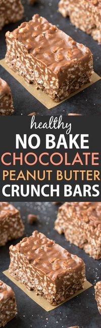No Bake Chocolate Peanut Butter Crunch Bars (V, GF, DF)- Easy, fuss-free and delicious, this healthy candy bar copycat combines cereal, chocolate and peanut butter in one! {vegan, gluten free, sugar free recipe}- thebigmansworld.com