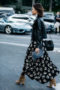 Leather jacket or bomber + maxi skirt + neutral boot