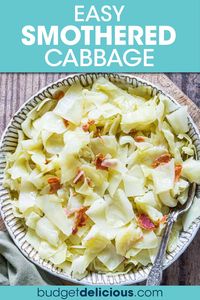 You only need 5 ingredients and 20 minutes to make this easy smothered cabbage recipe, a side dish the whole family will love! This budget friendly dish pairs with your favorite main for easy weeknight dinners, simple lunches, for holidays, like Easter and Christmas, potlucks and whenever you want a no-fuss yet creative vegetable recipe. Click through to get the awesome smothered cabbage recipe!! #cabbage #budgetmeals #sidedish